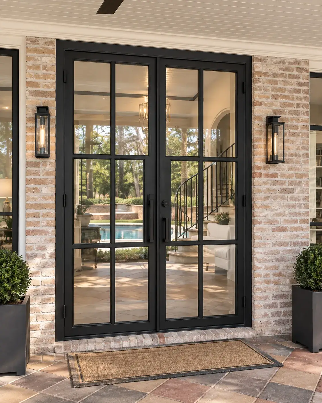 Black iron French doors with six-pane glass on a brick porch facing a pool