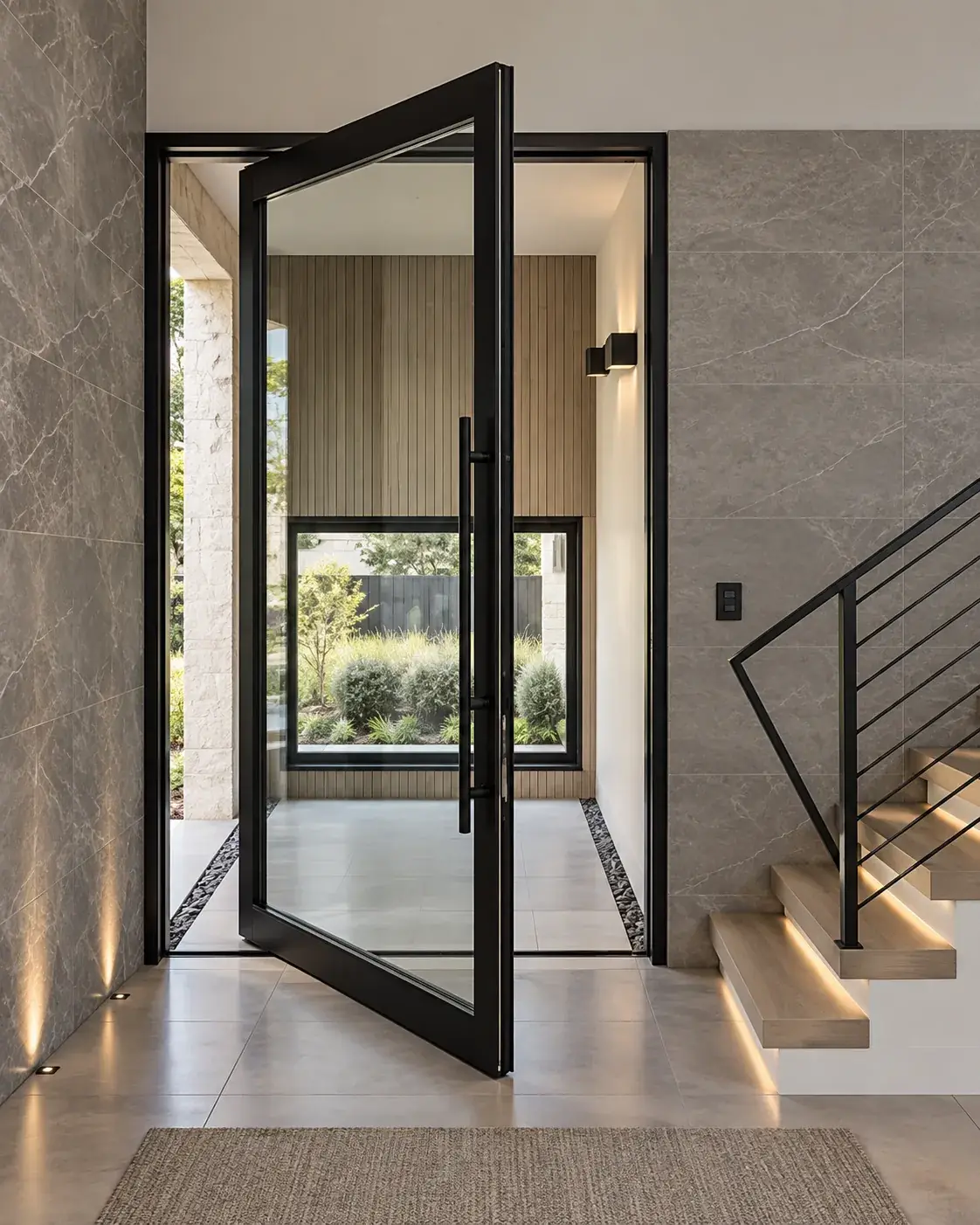 Black iron pivot entry door open in a modern foyer