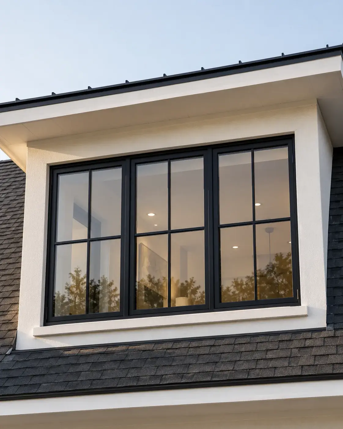 Black iron casement windows in a dormer on a Texas home