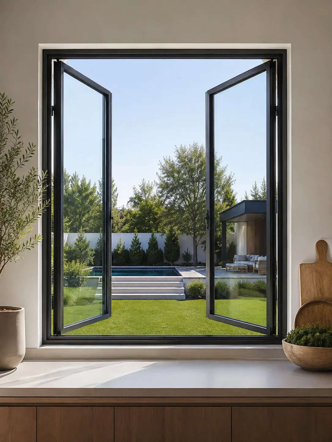 Black casement windows open to a backyard pool in Dallas
