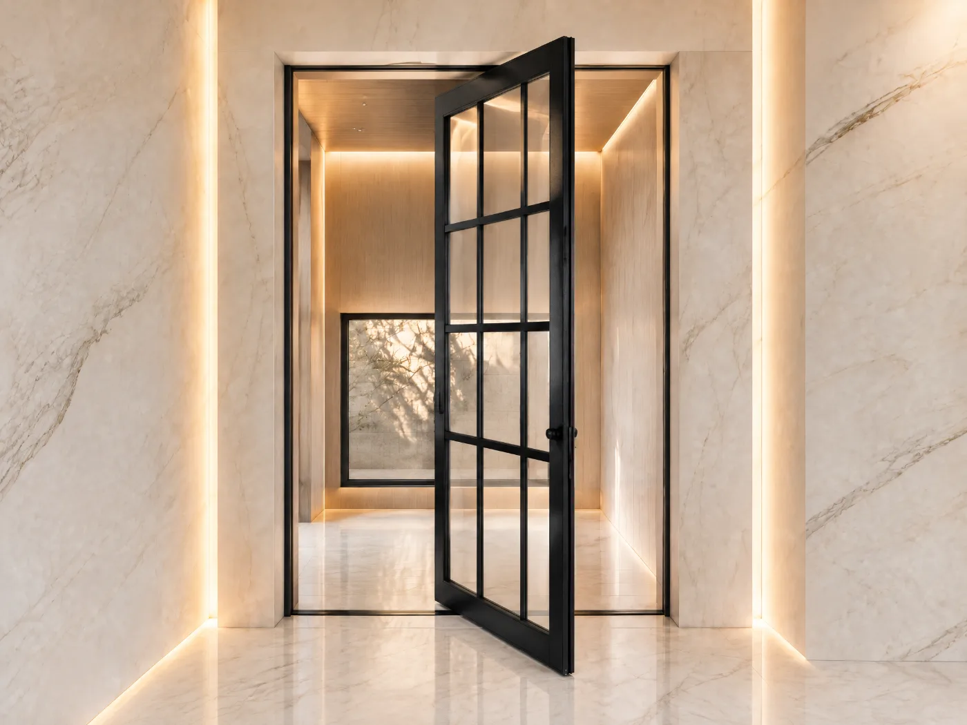 Black iron pivot entry door with a gridded glass panel in a marble-lined foyer