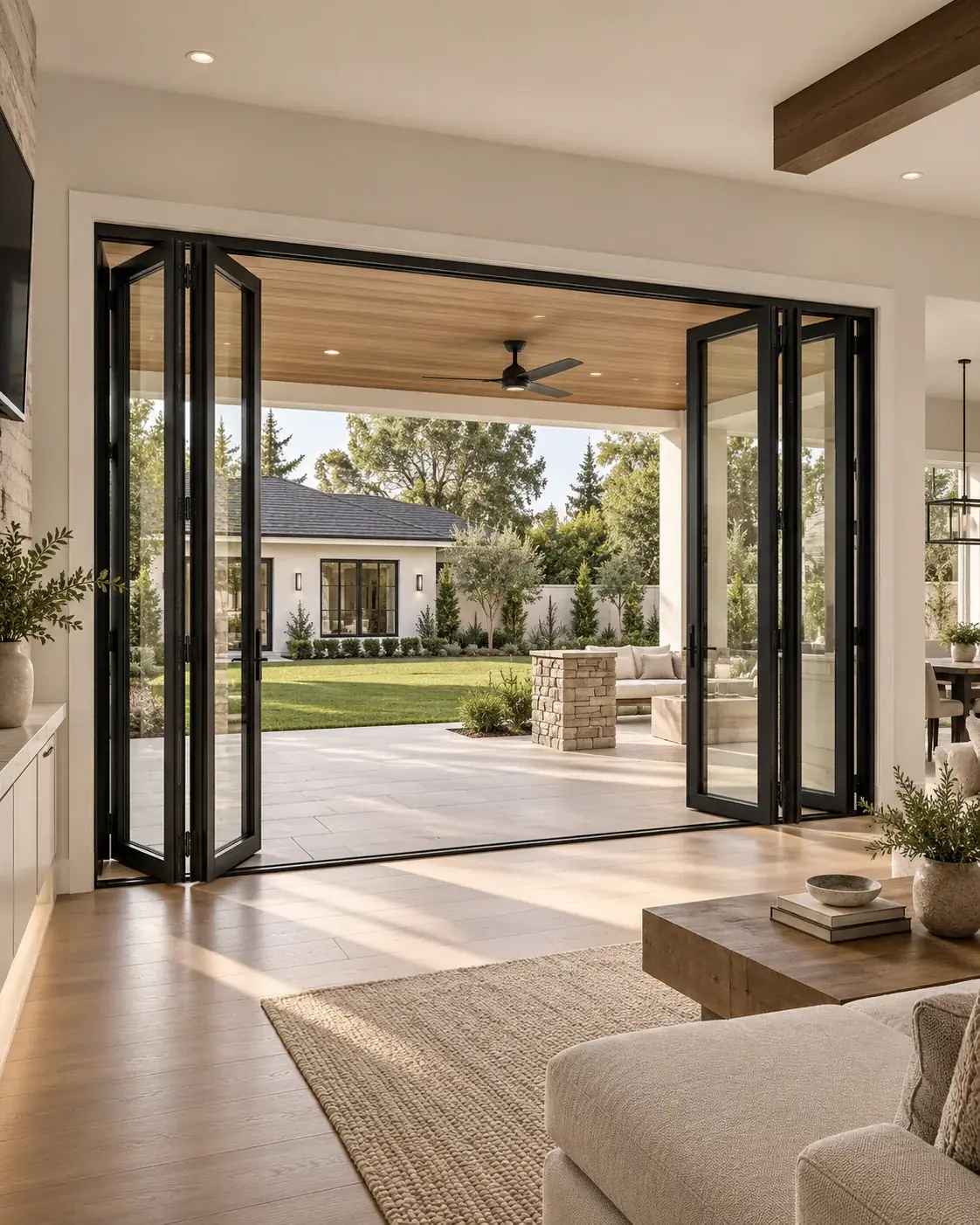 Black aluminum bifold doors folded open from a family room to a backyard lawn