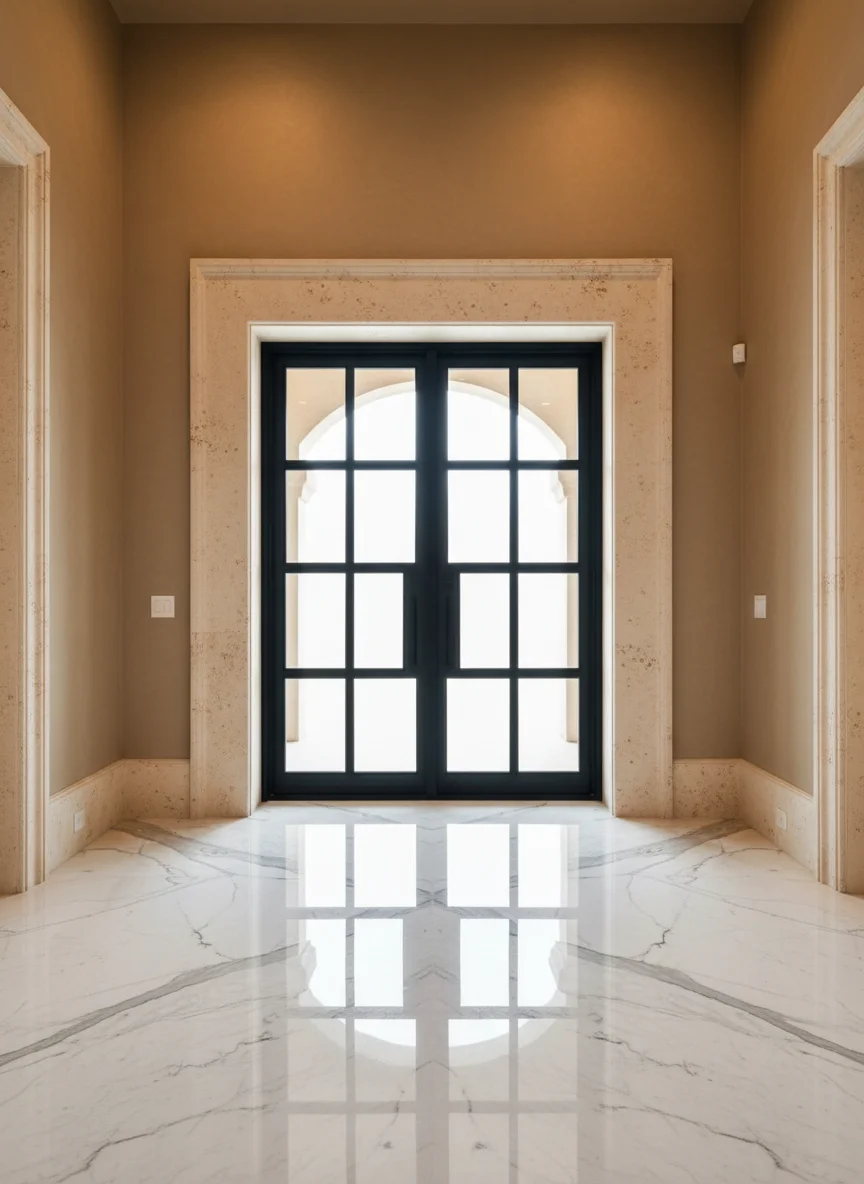 Black iron double doors with divided glass in a travertine entry hall