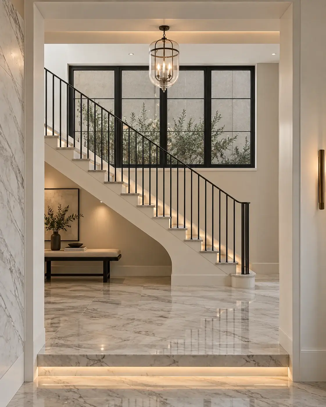 Black iron stair railing with slim balusters beside a gridded iron window