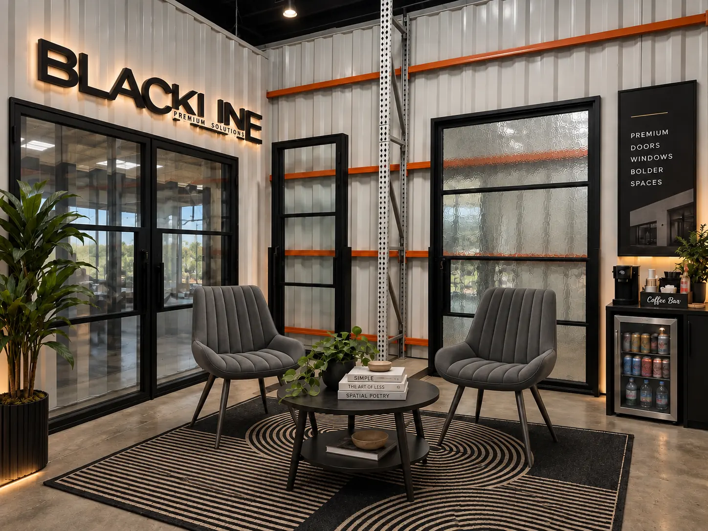 Blackline Premium Solutions showroom in Houston with iron doors and windows on display