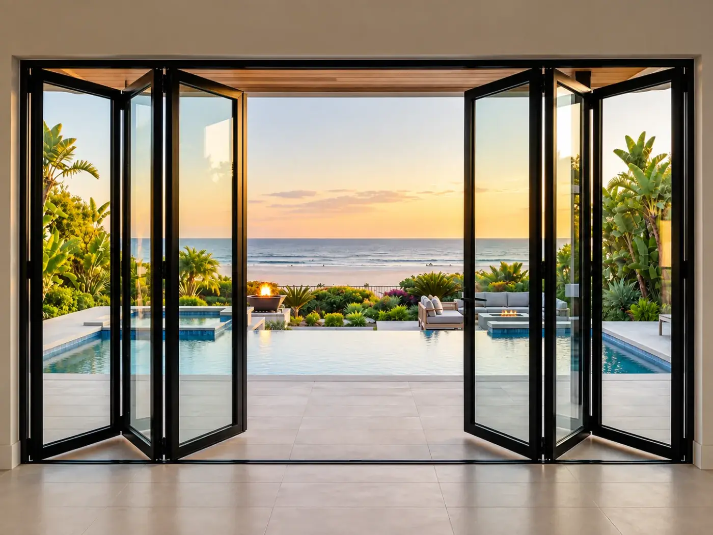 Black aluminum door system in a modern home