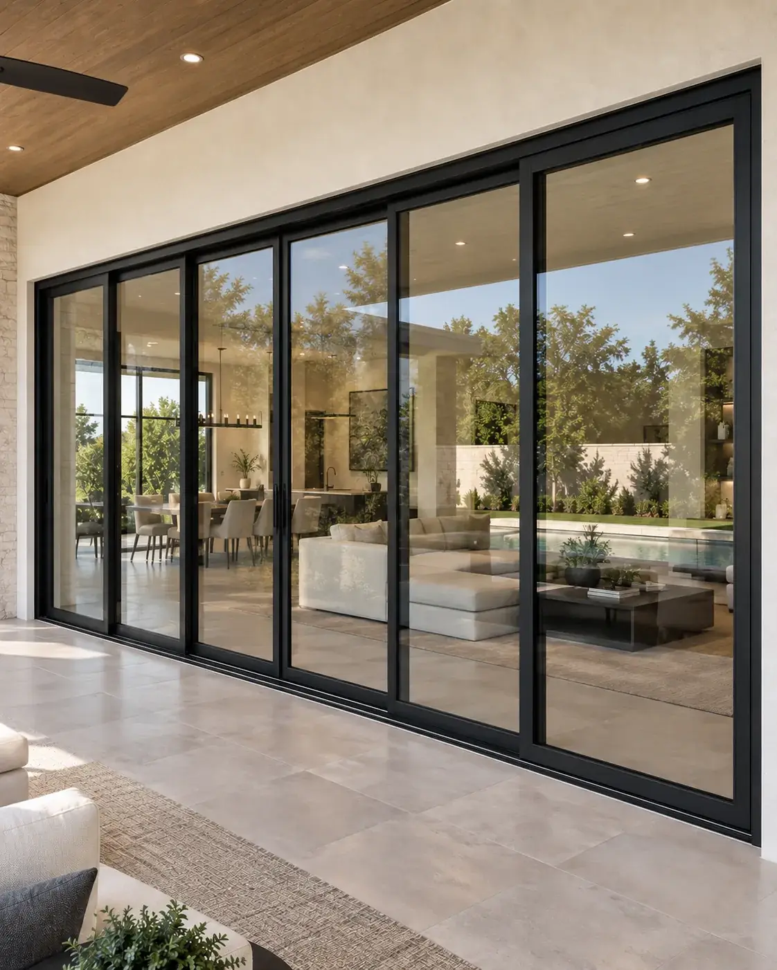 Black aluminum multi-slide doors along a covered patio