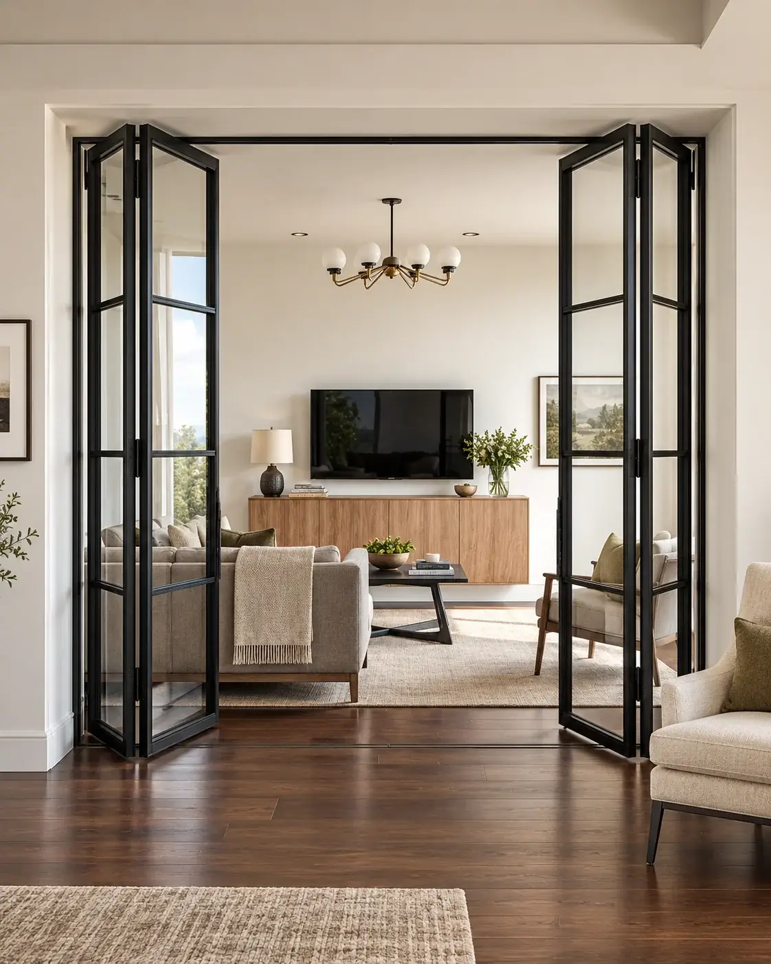 Black aluminum sliding doors in a modern living space