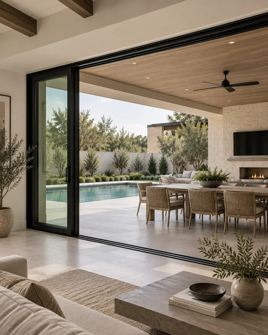 Black aluminum multi-slide door opening a living room to a covered patio and pool