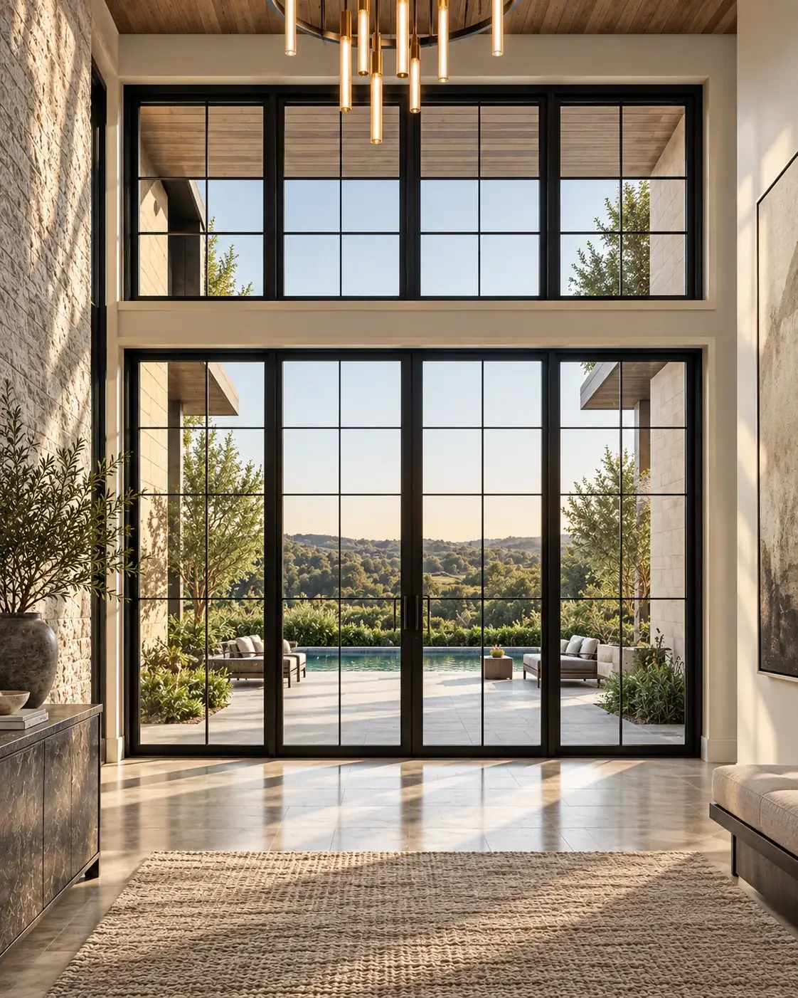 Large black aluminum windows in a modern living room