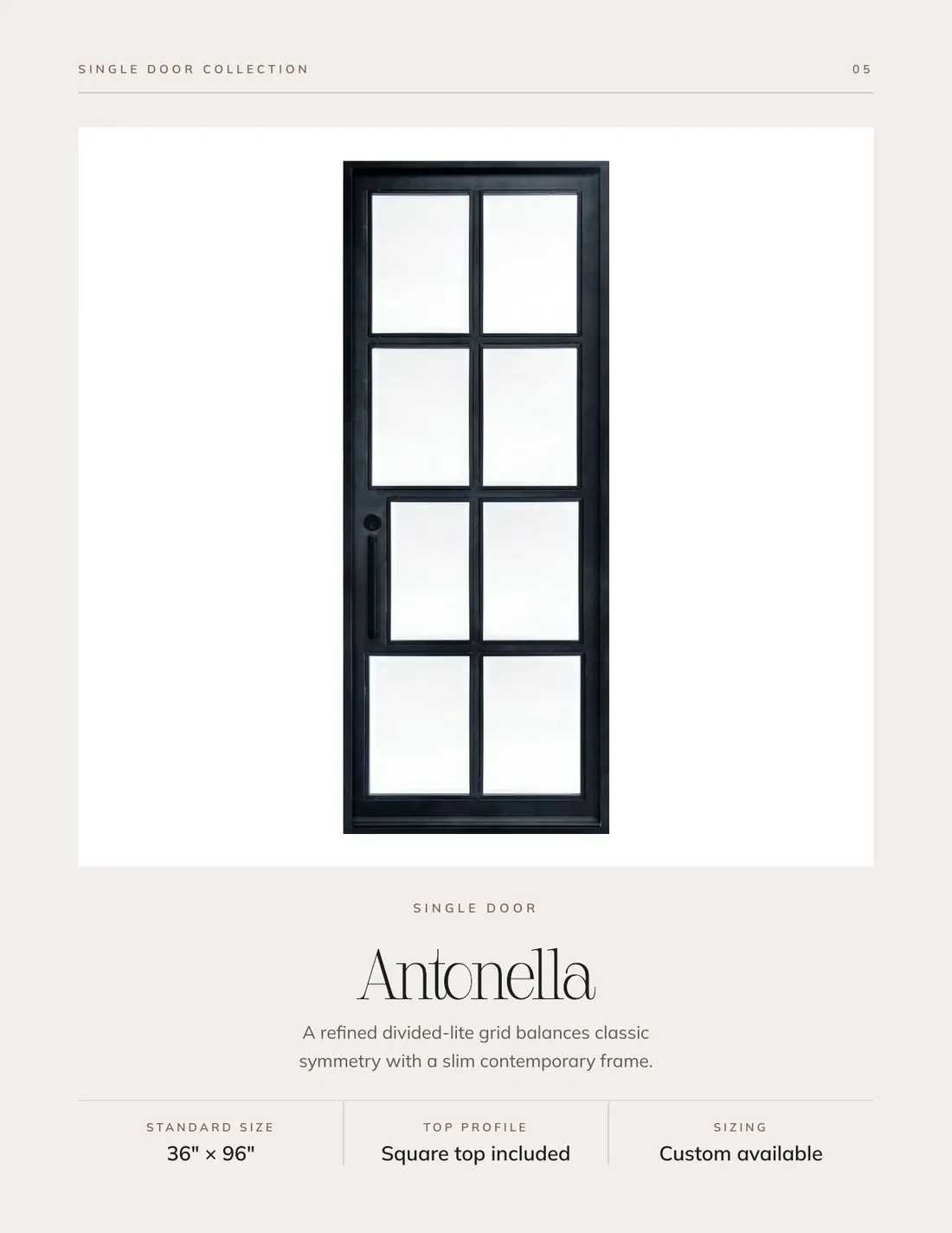 Antonella single iron door with divided-lite glass