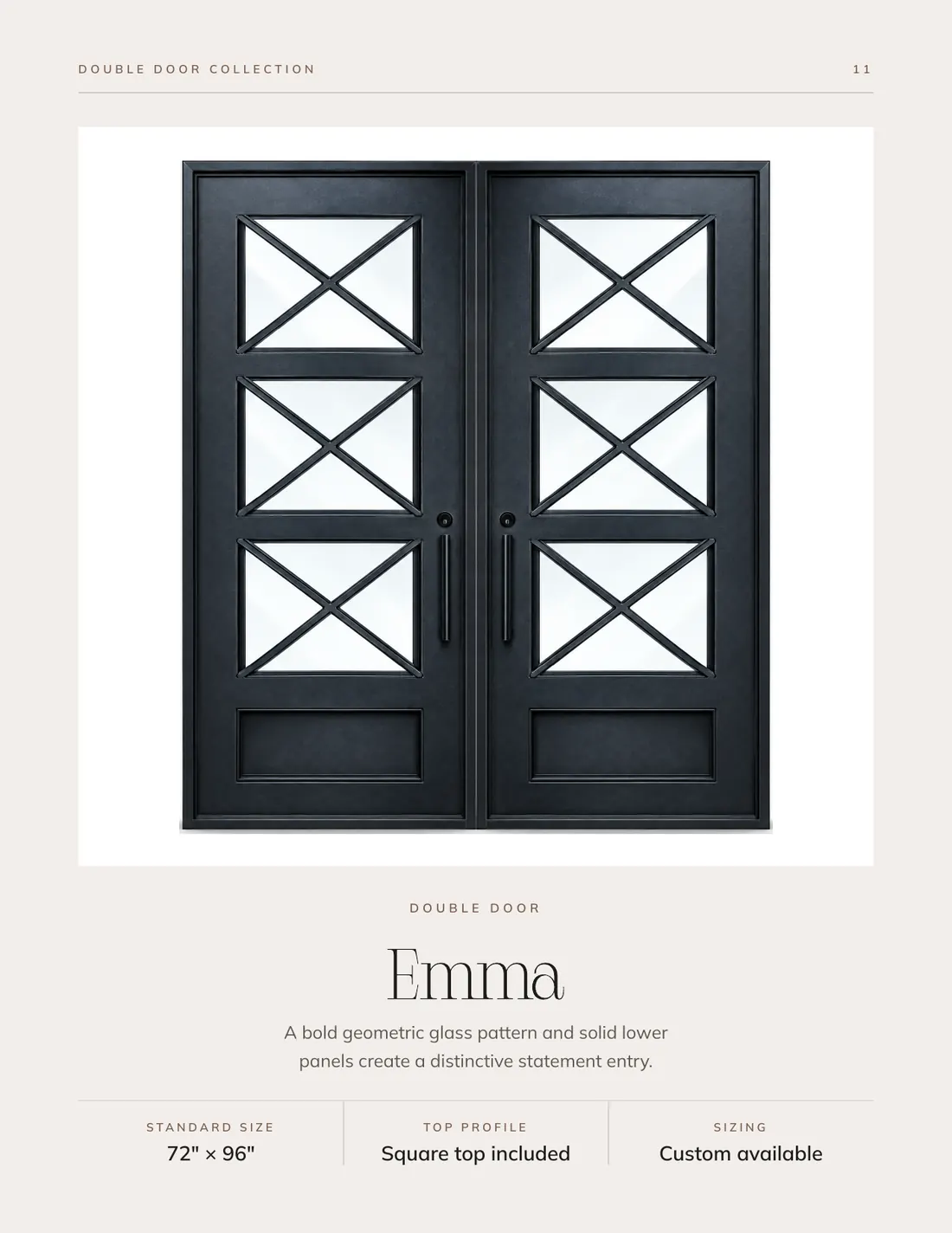 Emma double iron doors with geometric glass pattern