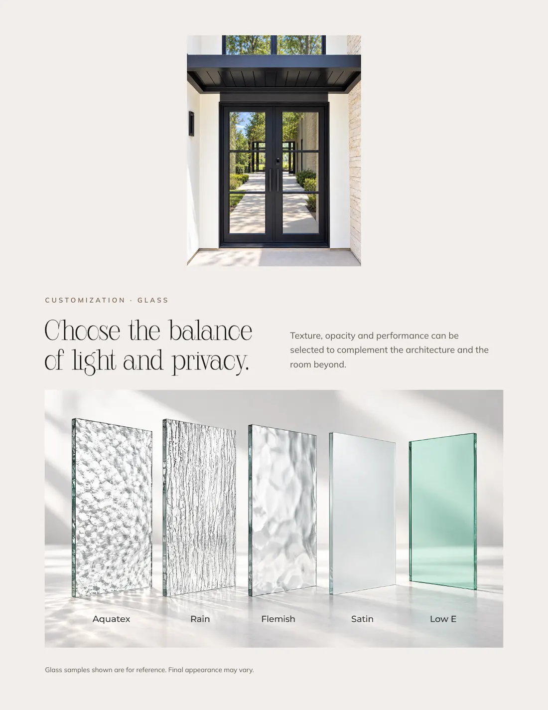 Glass options for iron doors, from clear to textured