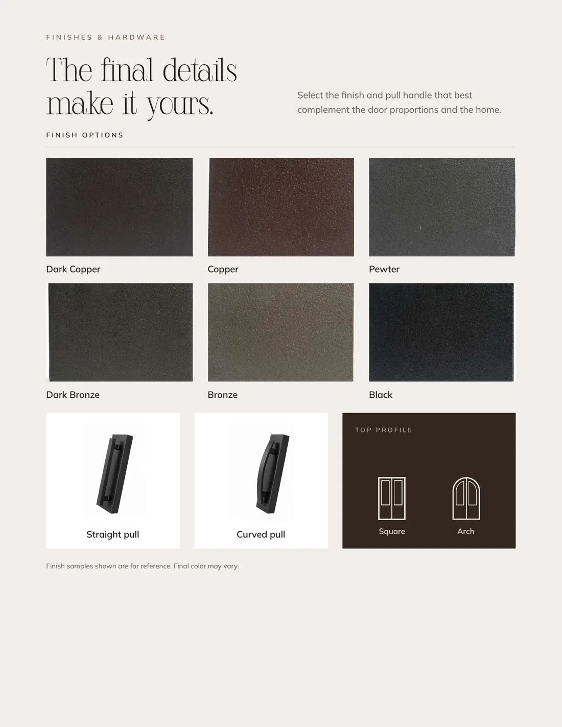 Finishes and hardware options for Blackline iron doors