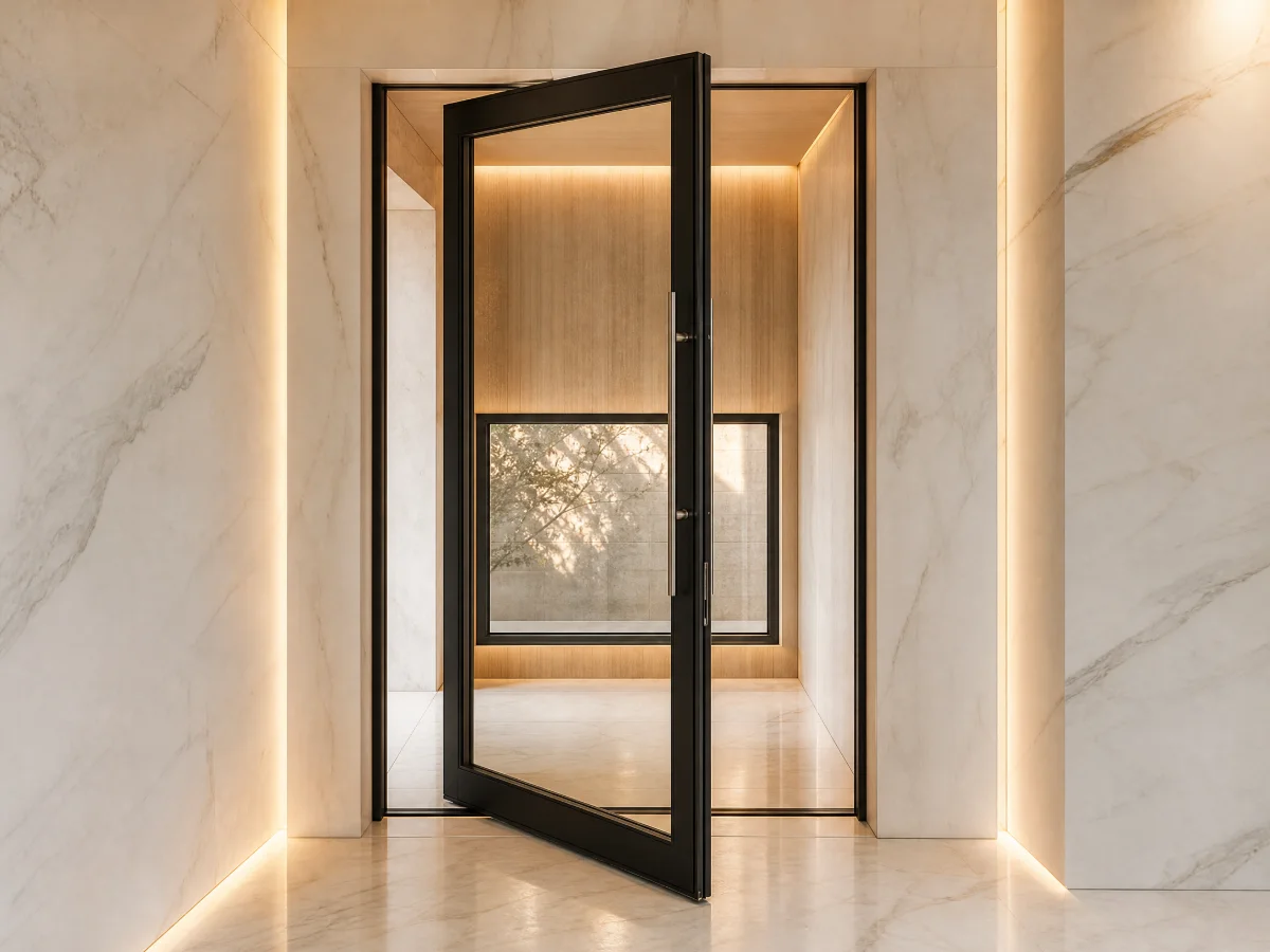 Oversized black iron pivot door open in a modern entry