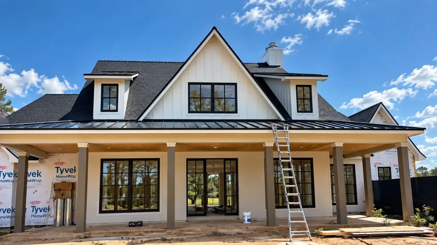 Farmhouse home with black windows and a metal roof porch