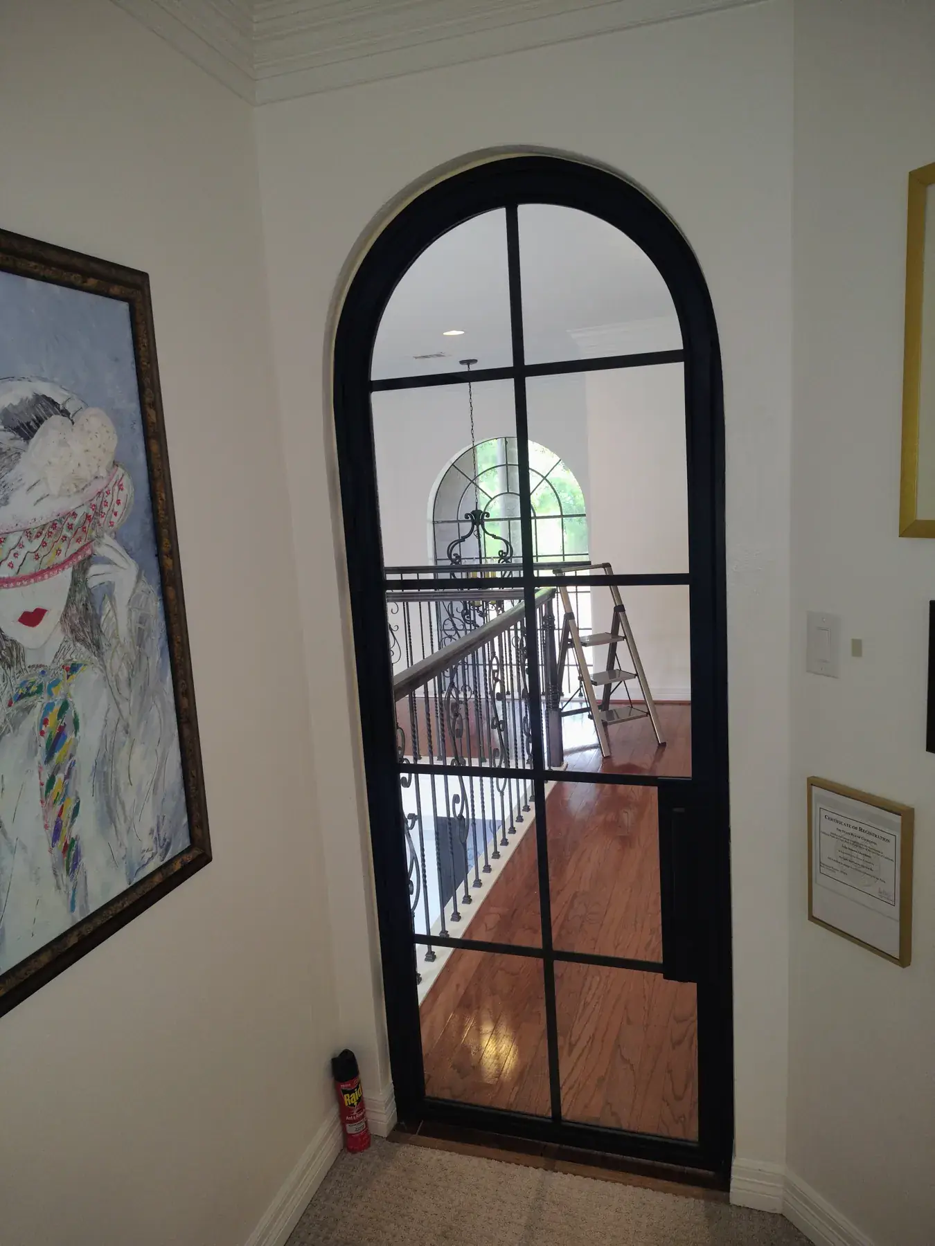 Arched black iron door with divided glass inside a San Antonio home
