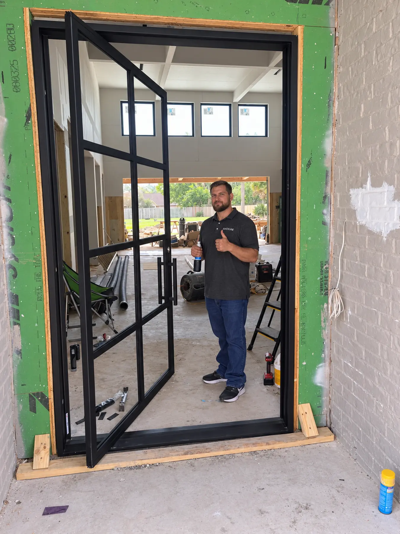 Black iron pivot door installation in a Houston home