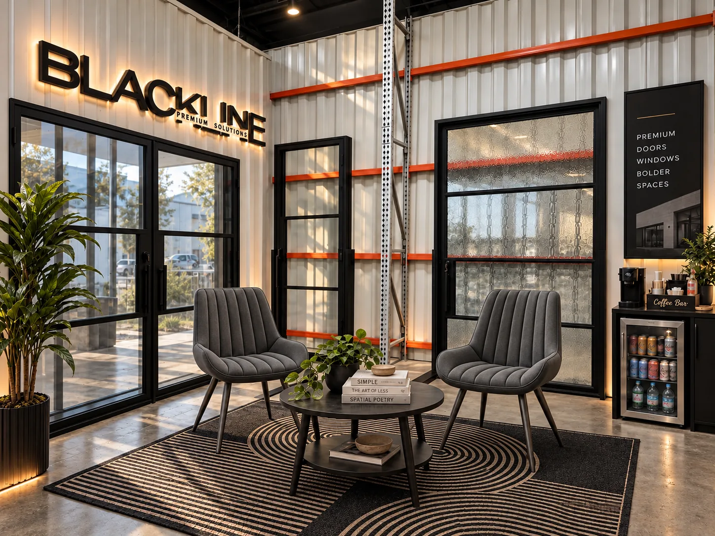 Inside the Blackline showroom in Houston: black steel doors with clear and textured glass and a seating area